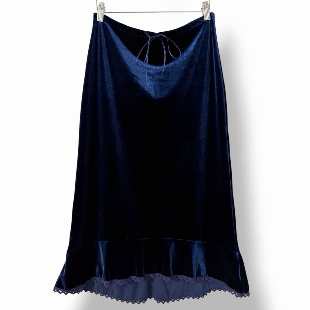 Zara Vtg Navy Velvet Lace Trim High-Low Ruffle Midi Skirt Medium Whimsigoth Y2K
